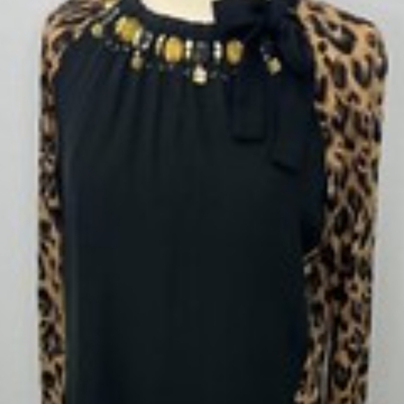 Tory Burch Black Blouse with Leopard Print‎ Sleeves - Picture 3 of 6